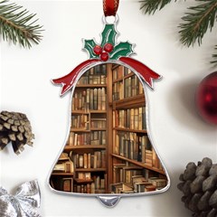 Room Interior Library Books Bookshelves Reading Literature Study Fiction Old Manor Book Nook Reading Metal Holly Leaf Bell Ornament by Grandong