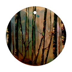 Woodland Woods Forest Trees Nature Outdoors Mist Moon Background Artwork Book Ornament (round) by Grandong