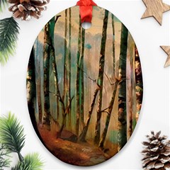 Woodland Woods Forest Trees Nature Outdoors Mist Moon Background Artwork Book Ornament (oval) by Grandong