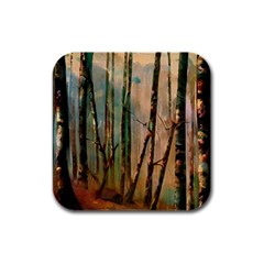 Woodland Woods Forest Trees Nature Outdoors Mist Moon Background Artwork Book Rubber Square Coaster (4 Pack) by Grandong