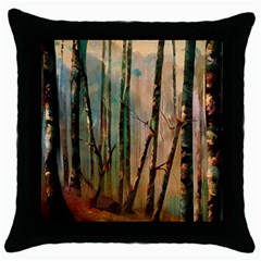 Woodland Woods Forest Trees Nature Outdoors Mist Moon Background Artwork Book Throw Pillow Case (black) by Grandong