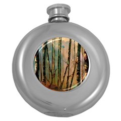 Woodland Woods Forest Trees Nature Outdoors Mist Moon Background Artwork Book Round Hip Flask (5 Oz) by Grandong