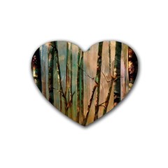 Woodland Woods Forest Trees Nature Outdoors Mist Moon Background Artwork Book Rubber Coaster (heart) by Grandong