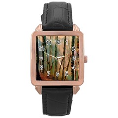 Woodland Woods Forest Trees Nature Outdoors Mist Moon Background Artwork Book Rose Gold Leather Watch  by Grandong