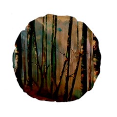 Woodland Woods Forest Trees Nature Outdoors Mist Moon Background Artwork Book Standard 15  Premium Flano Round Cushions by Grandong