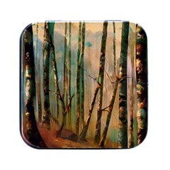 Woodland Woods Forest Trees Nature Outdoors Mist Moon Background Artwork Book Square Metal Box (black) by Grandong