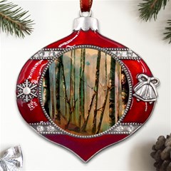 Woodland Woods Forest Trees Nature Outdoors Mist Moon Background Artwork Book Metal Snowflake And Bell Red Ornament by Grandong