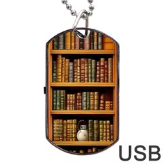 Room Interior Library Books Bookshelves Reading Literature Study Fiction Old Manor Book Nook Reading Dog Tag Usb Flash (one Side) by Grandong