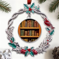 Room Interior Library Books Bookshelves Reading Literature Study Fiction Old Manor Book Nook Reading Metal X mas Wreath Holly Leaf Ornament by Grandong