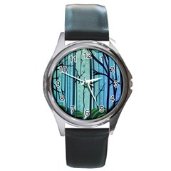 Nature Outdoors Night Trees Scene Forest Woods Light Moonlight Wilderness Stars Round Metal Watch