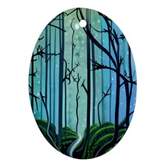 Nature Outdoors Night Trees Scene Forest Woods Light Moonlight Wilderness Stars Ornament (Oval)