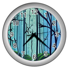 Nature Outdoors Night Trees Scene Forest Woods Light Moonlight Wilderness Stars Wall Clock (Silver)