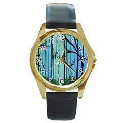 Nature Outdoors Night Trees Scene Forest Woods Light Moonlight Wilderness Stars Round Gold Metal Watch