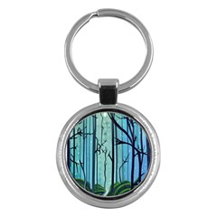 Nature Outdoors Night Trees Scene Forest Woods Light Moonlight Wilderness Stars Key Chain (Round)