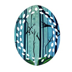 Nature Outdoors Night Trees Scene Forest Woods Light Moonlight Wilderness Stars Oval Filigree Ornament (Two Sides)