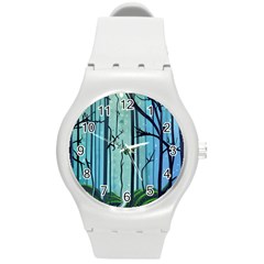 Nature Outdoors Night Trees Scene Forest Woods Light Moonlight Wilderness Stars Round Plastic Sport Watch (M)