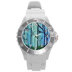 Nature Outdoors Night Trees Scene Forest Woods Light Moonlight Wilderness Stars Round Plastic Sport Watch (L)