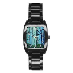 Nature Outdoors Night Trees Scene Forest Woods Light Moonlight Wilderness Stars Stainless Steel Barrel Watch