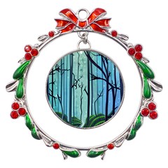 Nature Outdoors Night Trees Scene Forest Woods Light Moonlight Wilderness Stars Metal X mas Wreath Ribbon Ornament