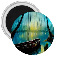 Swamp Bayou Rowboat Sunset Landscape Lake Water Moss Trees Logs Nature Scene Boat Twilight Quiet 3  Magnets by Grandong