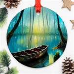 Swamp Bayou Rowboat Sunset Landscape Lake Water Moss Trees Logs Nature Scene Boat Twilight Quiet Ornament (Round) Front