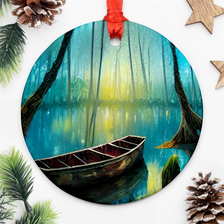 Swamp Bayou Rowboat Sunset Landscape Lake Water Moss Trees Logs Nature Scene Boat Twilight Quiet Ornament (Round)