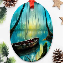 Swamp Bayou Rowboat Sunset Landscape Lake Water Moss Trees Logs Nature Scene Boat Twilight Quiet Ornament (oval) by Grandong