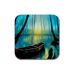 Swamp Bayou Rowboat Sunset Landscape Lake Water Moss Trees Logs Nature Scene Boat Twilight Quiet Rubber Coaster (square) by Grandong