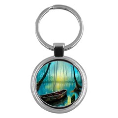 Swamp Bayou Rowboat Sunset Landscape Lake Water Moss Trees Logs Nature Scene Boat Twilight Quiet Key Chain (round) by Grandong