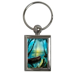 Swamp Bayou Rowboat Sunset Landscape Lake Water Moss Trees Logs Nature Scene Boat Twilight Quiet Key Chain (rectangle) by Grandong