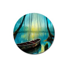 Swamp Bayou Rowboat Sunset Landscape Lake Water Moss Trees Logs Nature Scene Boat Twilight Quiet Magnet 3  (round) by Grandong