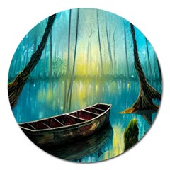 Swamp Bayou Rowboat Sunset Landscape Lake Water Moss Trees Logs Nature Scene Boat Twilight Quiet Magnet 5  (round) by Grandong