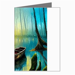 Swamp Bayou Rowboat Sunset Landscape Lake Water Moss Trees Logs Nature Scene Boat Twilight Quiet Greeting Card by Grandong