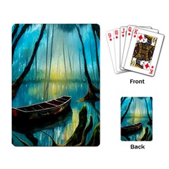 Swamp Bayou Rowboat Sunset Landscape Lake Water Moss Trees Logs Nature Scene Boat Twilight Quiet Playing Cards Single Design (rectangle) by Grandong