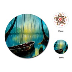 Swamp Bayou Rowboat Sunset Landscape Lake Water Moss Trees Logs Nature Scene Boat Twilight Quiet Playing Cards Single Design (round) by Grandong