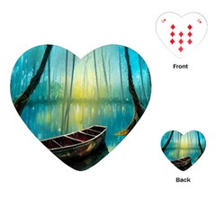 Swamp Bayou Rowboat Sunset Landscape Lake Water Moss Trees Logs Nature Scene Boat Twilight Quiet Playing Cards Single Design (heart) by Grandong