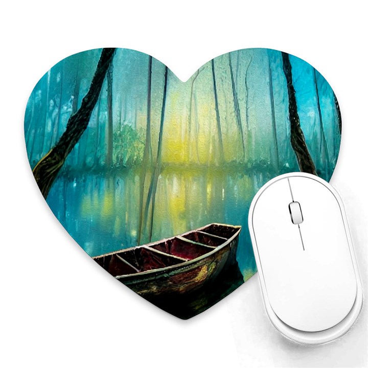 Swamp Bayou Rowboat Sunset Landscape Lake Water Moss Trees Logs Nature Scene Boat Twilight Quiet Heart Mousepad