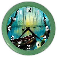 Swamp Bayou Rowboat Sunset Landscape Lake Water Moss Trees Logs Nature Scene Boat Twilight Quiet Color Wall Clock by Grandong