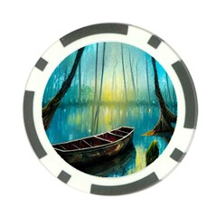 Swamp Bayou Rowboat Sunset Landscape Lake Water Moss Trees Logs Nature Scene Boat Twilight Quiet Poker Chip Card Guard by Grandong