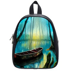 Swamp Bayou Rowboat Sunset Landscape Lake Water Moss Trees Logs Nature Scene Boat Twilight Quiet School Bag (small) by Grandong