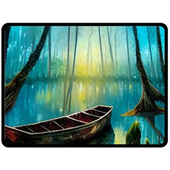 Swamp Bayou Rowboat Sunset Landscape Lake Water Moss Trees Logs Nature Scene Boat Twilight Quiet Fleece Blanket (large) by Grandong