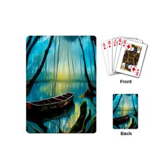 Swamp Bayou Rowboat Sunset Landscape Lake Water Moss Trees Logs Nature Scene Boat Twilight Quiet Playing Cards Single Design (mini) by Grandong