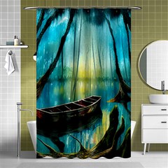 Swamp Bayou Rowboat Sunset Landscape Lake Water Moss Trees Logs Nature Scene Boat Twilight Quiet Shower Curtain 48  X 72  (small)  by Grandong