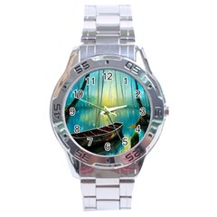 Swamp Bayou Rowboat Sunset Landscape Lake Water Moss Trees Logs Nature Scene Boat Twilight Quiet Stainless Steel Analogue Watch by Grandong