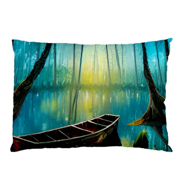 Swamp Bayou Rowboat Sunset Landscape Lake Water Moss Trees Logs Nature Scene Boat Twilight Quiet Pillow Case (Two Sides)