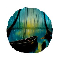 Swamp Bayou Rowboat Sunset Landscape Lake Water Moss Trees Logs Nature Scene Boat Twilight Quiet Standard 15  Premium Flano Round Cushions by Grandong