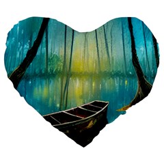 Swamp Bayou Rowboat Sunset Landscape Lake Water Moss Trees Logs Nature Scene Boat Twilight Quiet Large 19  Premium Flano Heart Shape Cushions by Grandong