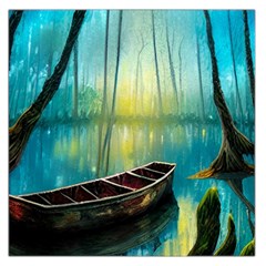 Swamp Bayou Rowboat Sunset Landscape Lake Water Moss Trees Logs Nature Scene Boat Twilight Quiet Square Satin Scarf (36  X 36 ) by Grandong