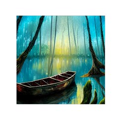 Swamp Bayou Rowboat Sunset Landscape Lake Water Moss Trees Logs Nature Scene Boat Twilight Quiet Square Satin Scarf (30  X 30 ) by Grandong