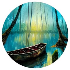 Swamp Bayou Rowboat Sunset Landscape Lake Water Moss Trees Logs Nature Scene Boat Twilight Quiet Round Trivet by Grandong